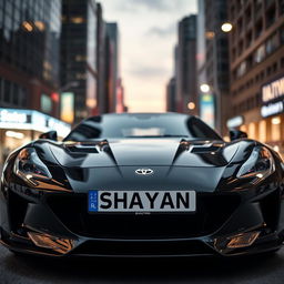 A stunning close-up image of a sleek black sports car parked in an urban environment