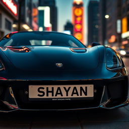 A stunning close-up image of a sleek black sports car parked in an urban environment