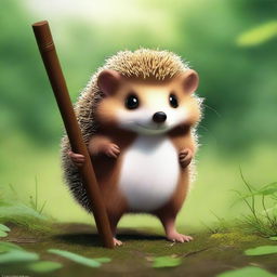 A high-quality digital art image of a brown hedgehog with white eyes, leaning on a walking stick, set in a natural environment