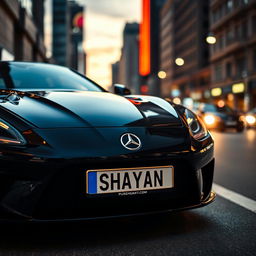 A stunning close-up image of a sleek black sports car parked in an urban environment