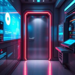 A futuristic door with advanced technology in a sleek, modern design, glowing lights around its frame, surrounded by a high-tech hallway with holographic interfaces and smart screens