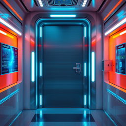 A futuristic door with advanced technology in a sleek, modern design, glowing lights around its frame, surrounded by a high-tech hallway with holographic interfaces and smart screens