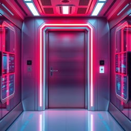 A futuristic door with advanced technology in a sleek, modern design, glowing lights around its frame, surrounded by a high-tech hallway with holographic interfaces and smart screens