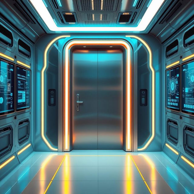 A futuristic door with advanced technology in a sleek, modern design, glowing lights around its frame, surrounded by a high-tech hallway with holographic interfaces and smart screens