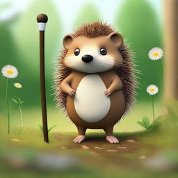 A high-quality digital art image of a brown hedgehog with white eyes, leaning on a walking stick, set in a natural environment