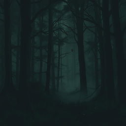 A dark forest, dense with tall, ancient trees and thick underbrush