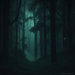 A dark forest, dense with tall, ancient trees and thick underbrush