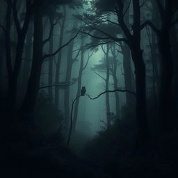 A dark forest, dense with tall, ancient trees and thick underbrush