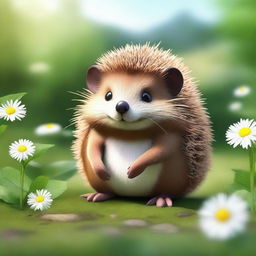 A high-quality digital art image of a brown hedgehog with white eyes, set in a natural environment