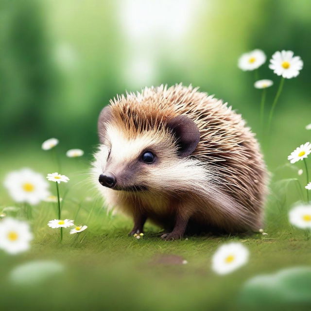 A high-quality digital art image of a brown hedgehog with white eyes, set in a natural environment