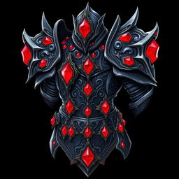 A detailed hand-drawn piece of armor inspired by the game Dota 2, adorned with scarlet glowing rubies embedded throughout the surface