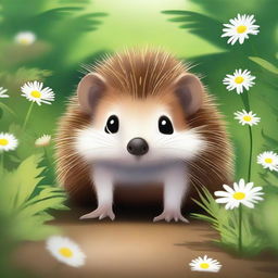 A high-quality digital art image of a brown hedgehog with white eyes, set in a natural environment