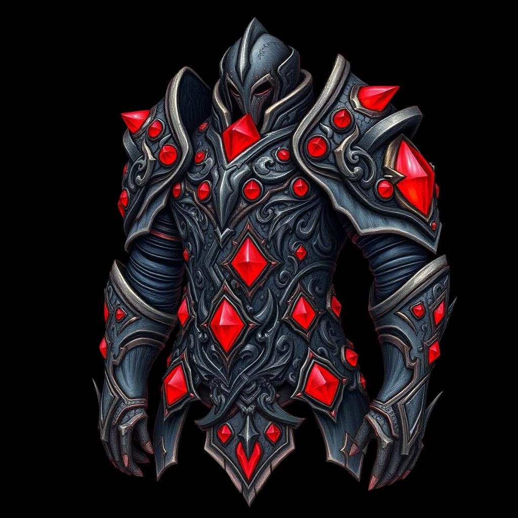 A detailed hand-drawn piece of armor inspired by the game Dota 2, adorned with scarlet glowing rubies embedded throughout the surface