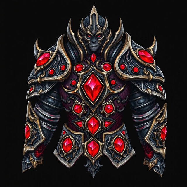 A detailed hand-drawn piece of armor inspired by the game Dota 2, adorned with scarlet glowing rubies embedded throughout the surface