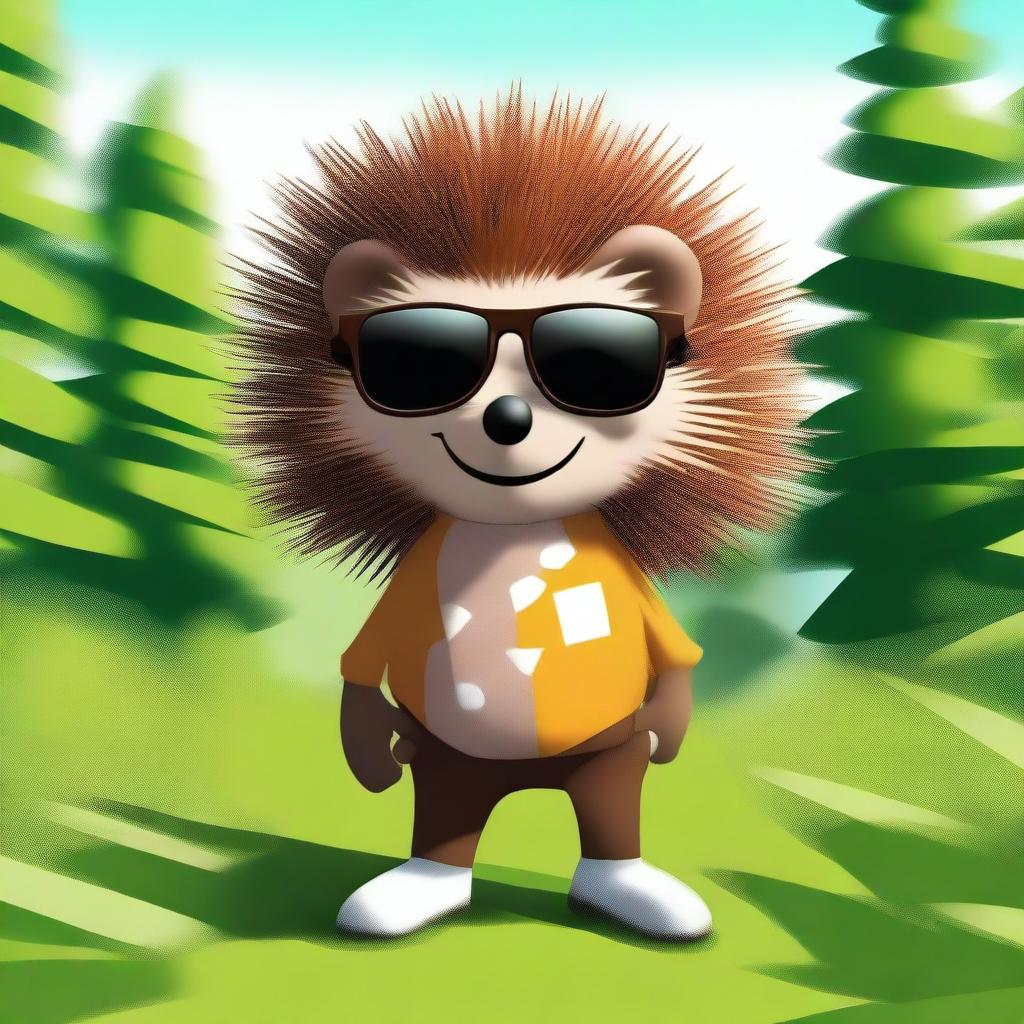 A high-quality digital art image of a humanoid brown hedgehog wearing sunglasses, set in a natural environment