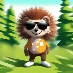 A high-quality digital art image of a humanoid brown hedgehog wearing sunglasses, set in a natural environment