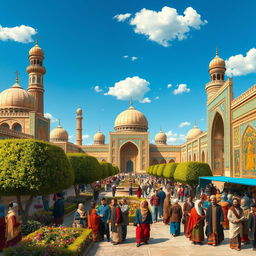 A vibrant scene depicting the grandeur of the Safavid era in Persia, showcasing intricate Persian architecture with majestic domes and minarets