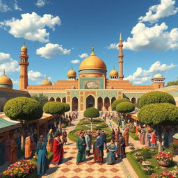 A vibrant scene depicting the grandeur of the Safavid era in Persia, showcasing intricate Persian architecture with majestic domes and minarets