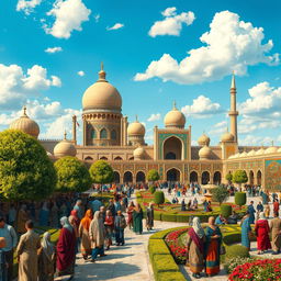 A vibrant scene depicting the grandeur of the Safavid era in Persia, showcasing intricate Persian architecture with majestic domes and minarets