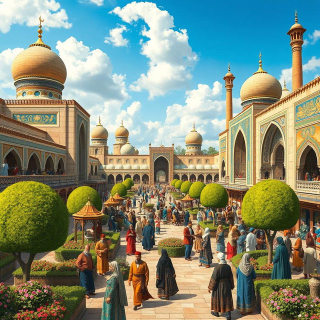 A vibrant scene depicting the grandeur of the Safavid era in Persia, showcasing intricate Persian architecture with majestic domes and minarets