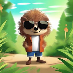 A high-quality digital art image of a humanoid brown hedgehog wearing sunglasses, set in a natural environment