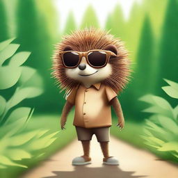 A high-quality digital art image of a humanoid brown hedgehog wearing sunglasses, set in a natural environment