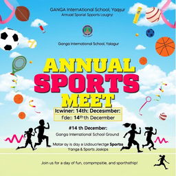 A vibrant and energetic poster for the "Annual Sports Meet" at Ganga International School, Yalagur, featuring a lively sports theme