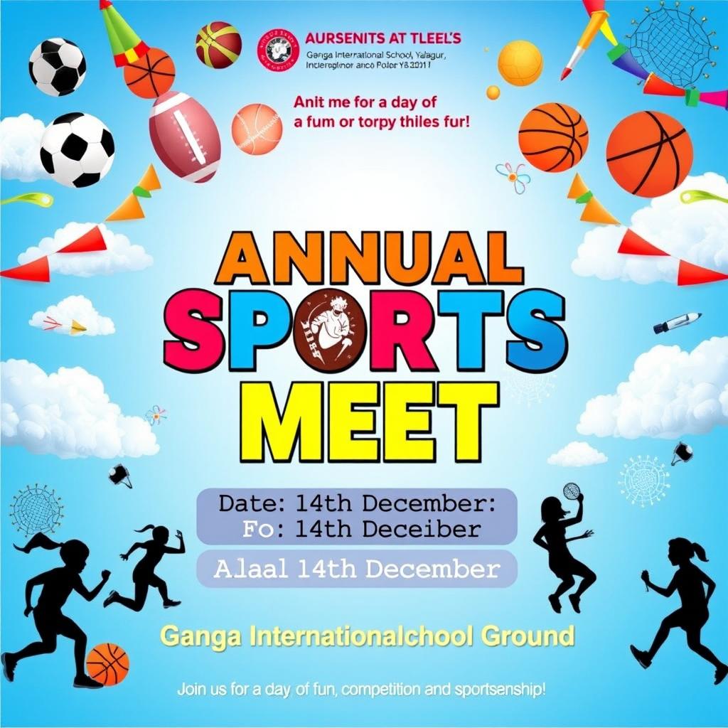 A vibrant and energetic poster for the "Annual Sports Meet" at Ganga International School, Yalagur, featuring a lively sports theme