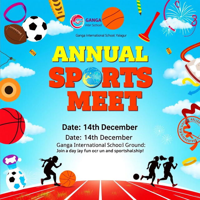 A vibrant and energetic poster for the "Annual Sports Meet" at Ganga International School, Yalagur, featuring a lively sports theme