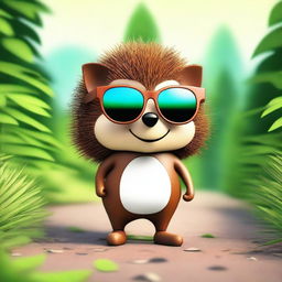 A high-quality digital art image of a humanoid brown hedgehog wearing sunglasses, set in a natural environment