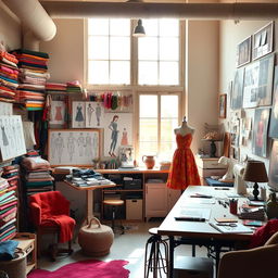 A fashion designer's studio filled with colorful fabrics, sketches of clothing designs hanging on walls, a large drafting table cluttered with sewing tools, and a mannequin dressed in a vibrant dress