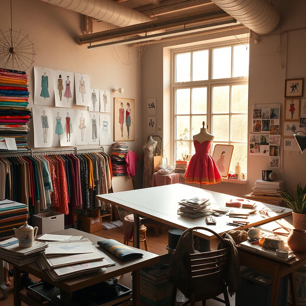 A fashion designer's studio filled with colorful fabrics, sketches of clothing designs hanging on walls, a large drafting table cluttered with sewing tools, and a mannequin dressed in a vibrant dress