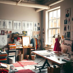 A fashion designer's studio filled with colorful fabrics, sketches of clothing designs hanging on walls, a large drafting table cluttered with sewing tools, and a mannequin dressed in a vibrant dress