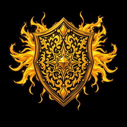 A hand-drawn golden shield designed in a style reminiscent of both Warcraft 3 and Dota 2, featuring intricate and varied patterns on the surface of the shield