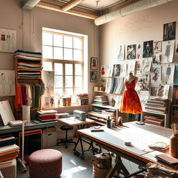 A fashion designer's studio filled with colorful fabrics, sketches of clothing designs hanging on walls, a large drafting table cluttered with sewing tools, and a mannequin dressed in a vibrant dress