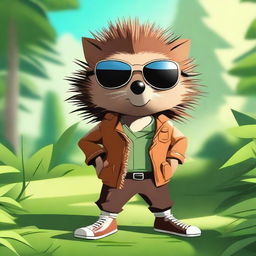 A high-quality digital art image of a humanoid brown hedgehog, wearing sunglasses and posed as a fighter, set in a natural environment