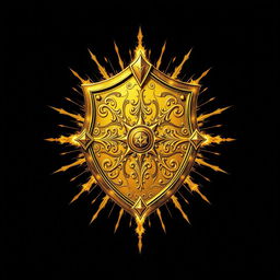 A hand-drawn golden shield designed in a style reminiscent of both Warcraft 3 and Dota 2, featuring intricate and varied patterns on the surface of the shield