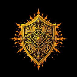 A hand-drawn golden shield designed in a style reminiscent of both Warcraft 3 and Dota 2, featuring intricate and varied patterns on the surface of the shield