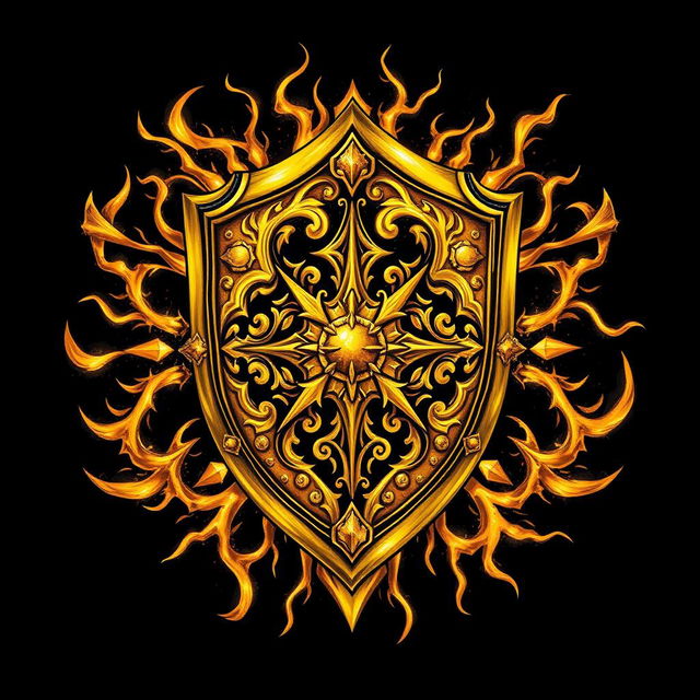 A hand-drawn golden shield designed in a style reminiscent of both Warcraft 3 and Dota 2, featuring intricate and varied patterns on the surface of the shield