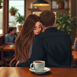 A realistic scene set in a cozy cafe, depicting a girl with long, flowing hair gently leaning on a guys shoulder