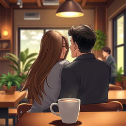A realistic scene set in a cozy cafe, depicting a girl with long, flowing hair gently leaning on a guys shoulder