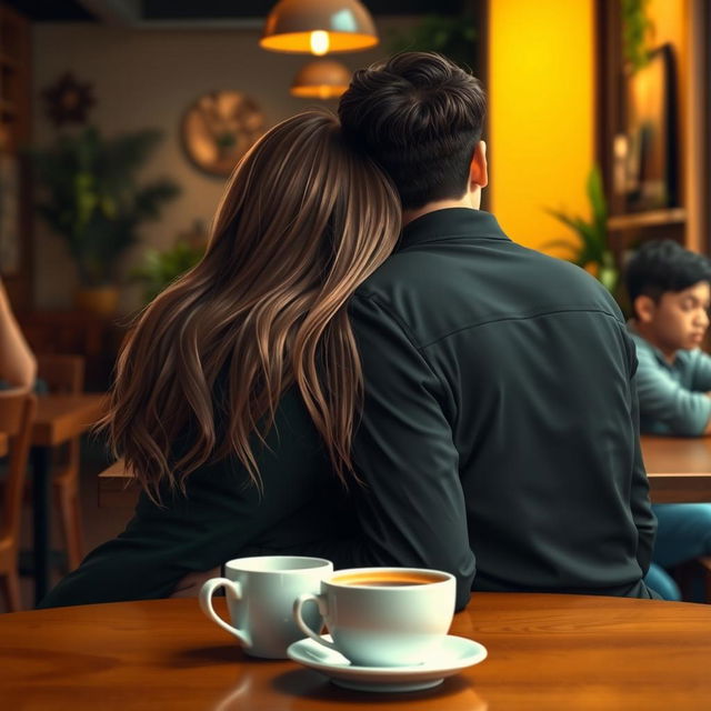 A realistic scene set in a cozy cafe, depicting a girl with long, flowing hair gently leaning on a guys shoulder