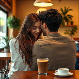 A realistic scene set in a cozy cafe, depicting a girl with long, flowing hair gently leaning on a guys shoulder