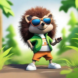 A high-quality digital art image of a humanoid brown hedgehog, wearing sunglasses and posed as a fighter, set in a natural environment