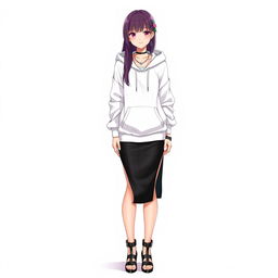 A tall and beautiful anime model standing against a white background