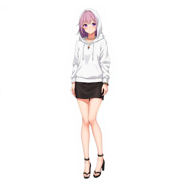 A tall and beautiful anime model standing against a white background