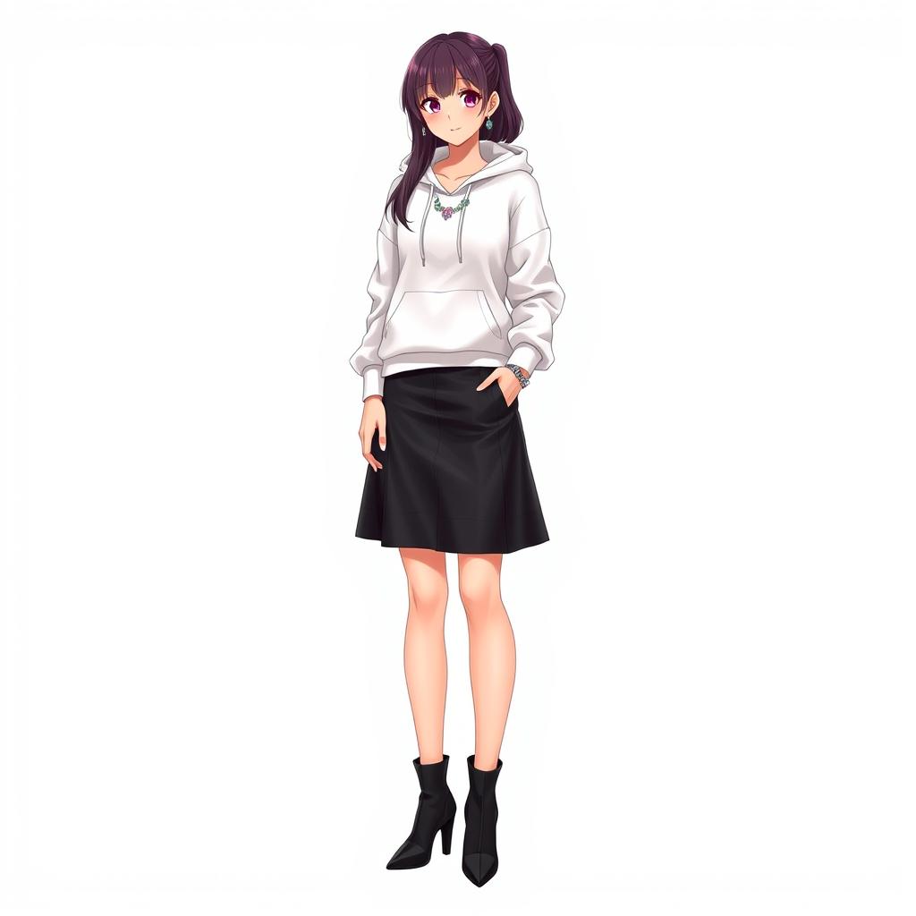 A tall and beautiful anime model standing against a white background