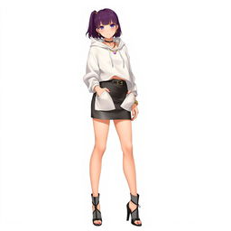 A tall and beautiful anime model standing against a white background