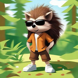 A high-quality digital art image of a humanoid brown hedgehog, wearing sunglasses and posed as a fighter, set in a natural environment