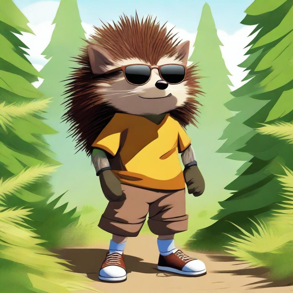 A high-quality digital art image of a humanoid brown hedgehog, wearing sunglasses and posed as a fighter, set in a natural environment